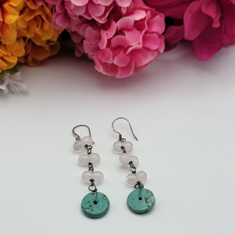 Sterling Silver 925 Rose Quartz And Turquoise Drop Earrings 2" French Wire